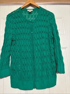 LOFT Teal Green Openwork Button-Front Cardigan